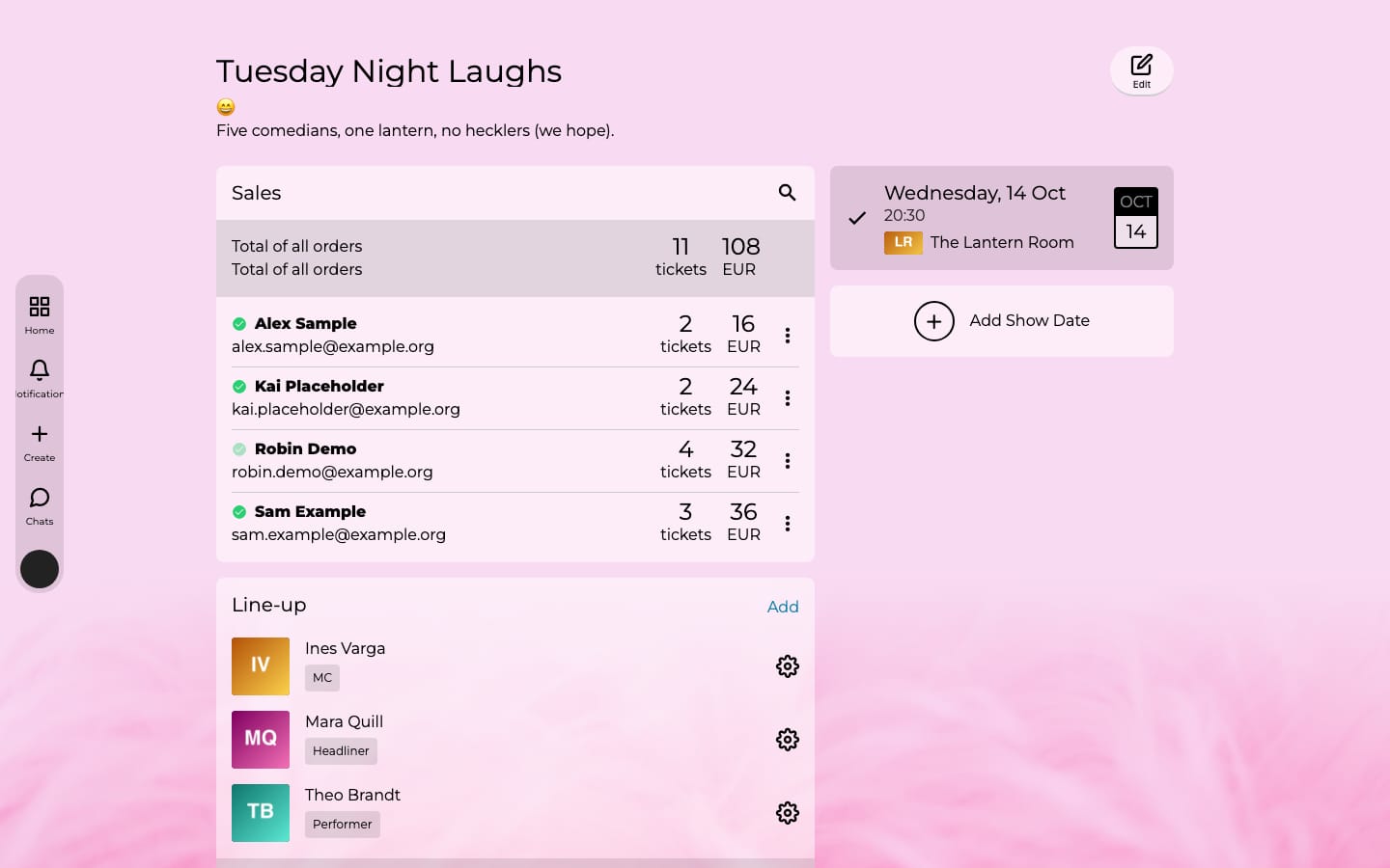 Performer App on a laptop and a phone: a show's line-up, its ticket page and the door scanner