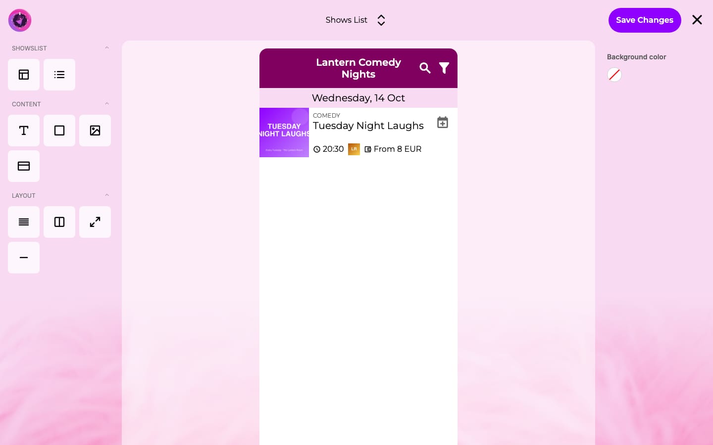The visual app editor, with a phone preview of a festival app